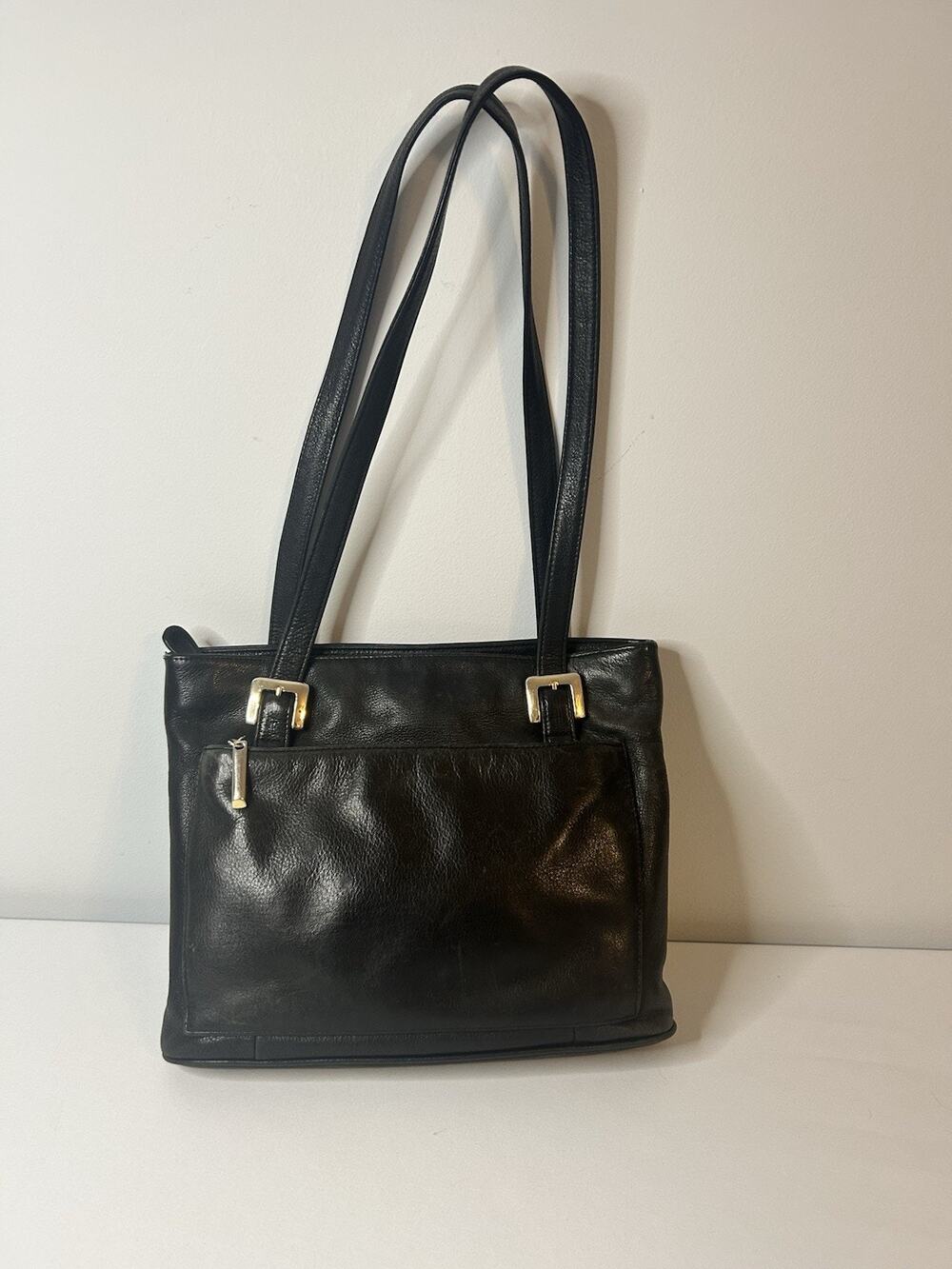 Mila Paoli Black Genuine Leather Shoulder Tote Work Bag Multi Compartment